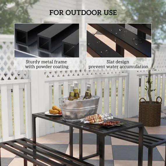 Buy Outsunny 3 Pieces Picnic Bench Set with Table and 2 Benches, Slated Design Dining Trestle Beer Table and Seat, Black, 4 image