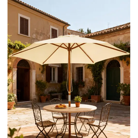 Buy Outsunny 2.5m Wood Garden Parasol Sun Shade Patio Outdoor Wooden Umbrella Canopy, Table Market Umbrella with Vent, 38mm Pole, Rope Pulley Mechanism, Cream White, 9 image