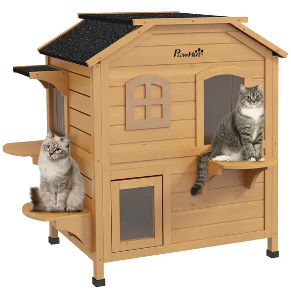 Buy 2-story Cat House Outdoor, Weatherproof Wooden Cat Enclosure with Openable Roof, Jumping Platforms, Natural Wood Finish, 8 image