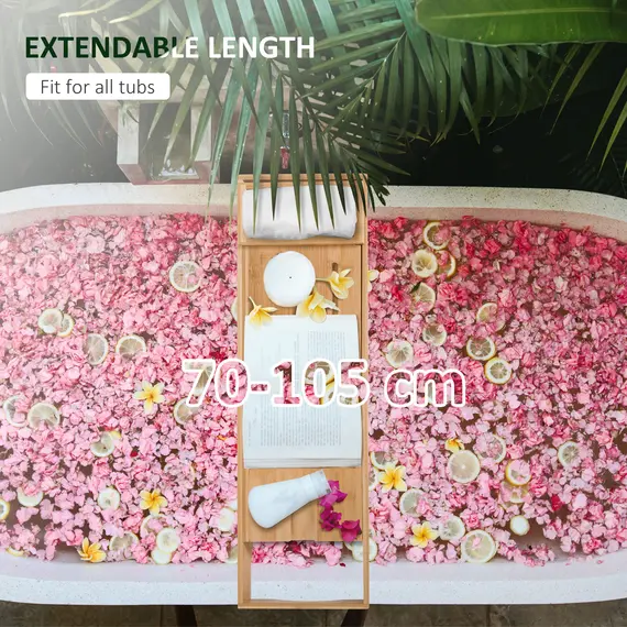 Buy Extendable Bamboo Bathtub Shelf Rack Bath Caddy Tray Bathroom Storage, 4 image