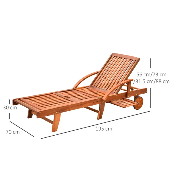 Buy Outsunny Folding Wooden Sun Lounger, 4-Level Adjustable Garden Lounger Recliner with Side Tray and Wheels, Outdoor Reclining Sunbed with Slatted Seat and Armrests for Patio, Terrace, Teak, 3 image