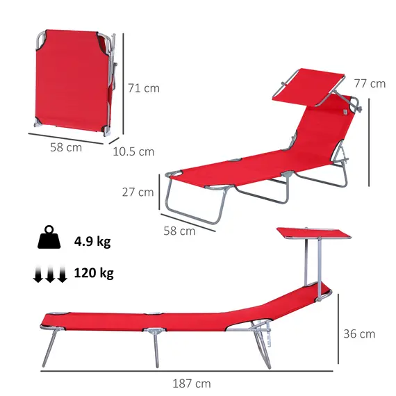Buy Outsunny Folding Sun Lounger, Lounge Chairs Reclining Sleeping Bed with Adjustable Sun Shade Awning for Beach, Patio, 3 image
