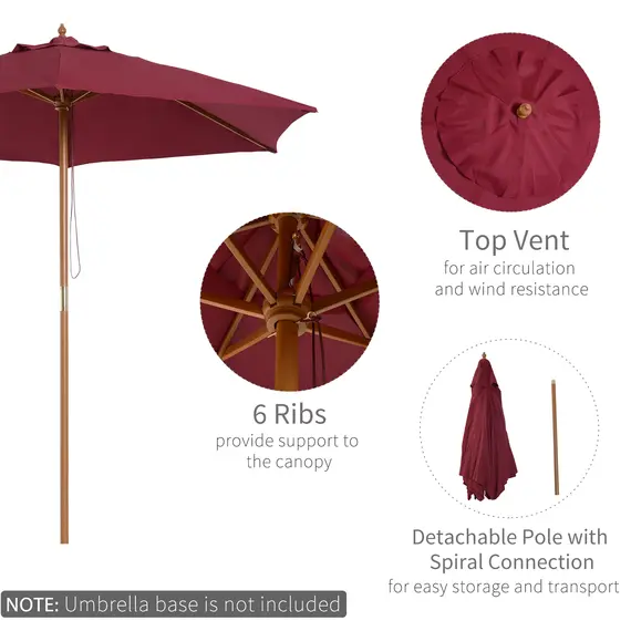 Buy Outsunny 2.5m Wood Garden Parasol Sun Shade Patio Outdoor Wooden Umbrella Canopy Wine Red, 4 image