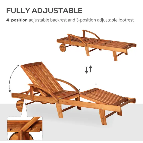 Buy Outsunny Folding Wooden Sun Lounger, 4-Level Adjustable Garden Lounger Recliner with Side Tray and Wheels, Outdoor Reclining Sunbed with Slatted Seat and Armrests for Patio, Terrace, Teak, 5 image