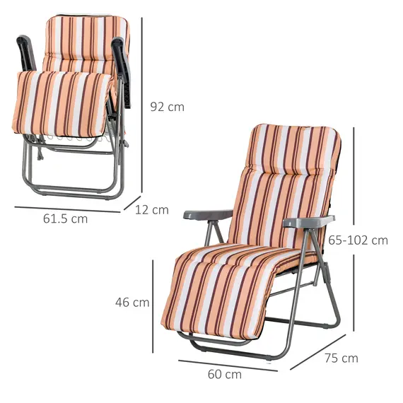 Buy Outsunny Reclining Garden Chair Set of 2, 5-Level Adjustable Zero Gravity Chairs with Cushions, Folding Sun Lounger Garden Recliner Chairs with Armrests for Outdoor, Patio, Orange Stripe, 3 image
