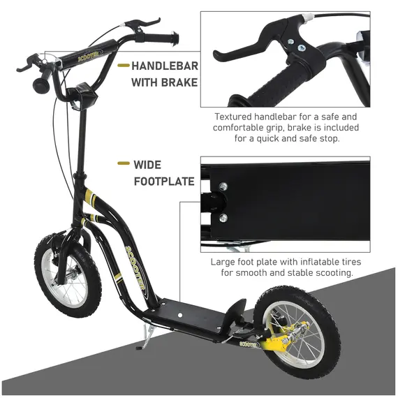 Buy HOMCOM Teen Kids Stunt Scooter w/ Adjustable Handlebar, 12 Inch Rubber Tyres, Dual Brakes, Black, 6 image