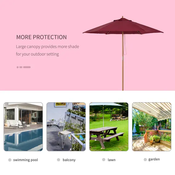 Buy Outsunny 2.5m Wood Garden Parasol Sun Shade Patio Outdoor Wooden Umbrella Canopy Wine Red, 6 image