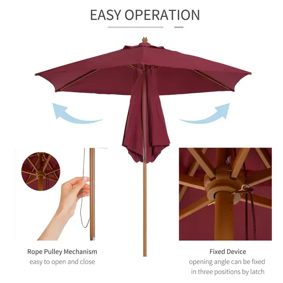 Buy Outsunny 2.5m Wood Garden Parasol Sun Shade Patio Outdoor Wooden Umbrella Canopy Wine Red, 5 image