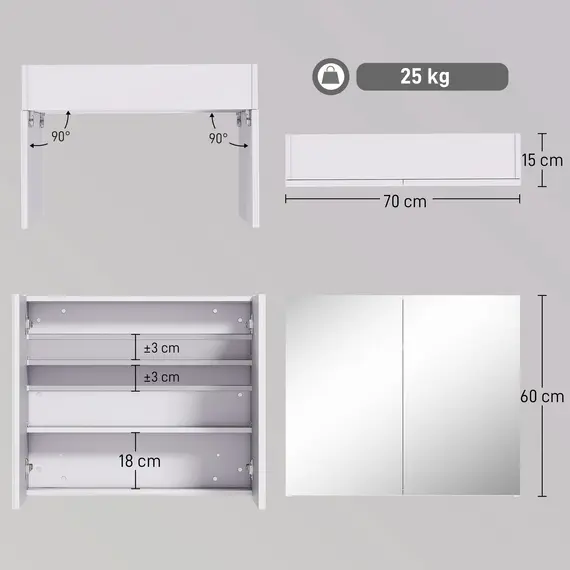 Buy Bathroom Mirror Cabinet, 3-Tier Wall Mount Bathroom Storage Cabinet with Soft-Close Hinges and Adjustable Shelf, Double Door Cupboard, 70 x 15 x 60 cm, White, 2 image