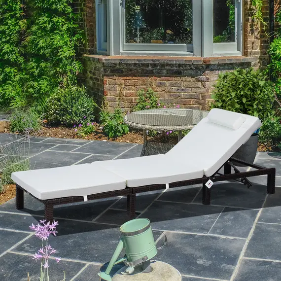 Buy Outsunny Rattan Sun Lounger, 5-Level Adjustable Garden Lounger Recliner with Cushion and Headrest, Outdoor Reclining Sunbed, Steel Frame Garden Chair for Patio, Beach, Terrace, Cream White, 2 image