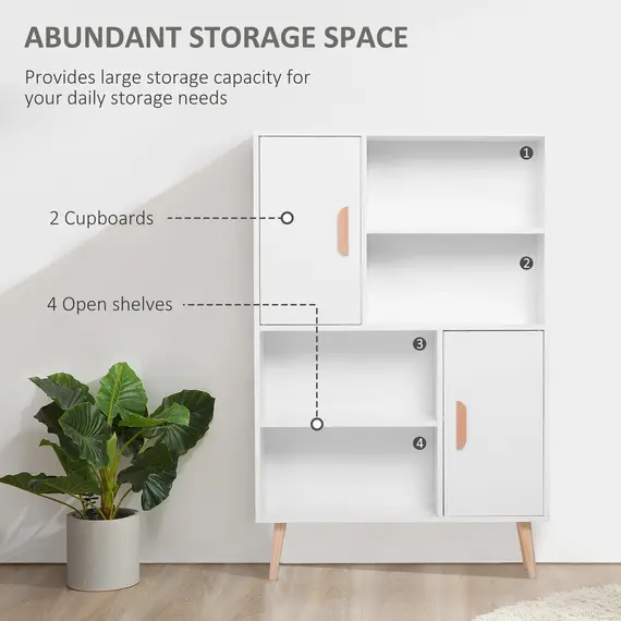 Buy Sideboard Bookshelf Free Standing Bookcase Shelves Unit Display Storage Cabinet w/ Adjustable Shelves, Wooden Leg, Two Doors, White, 5 image