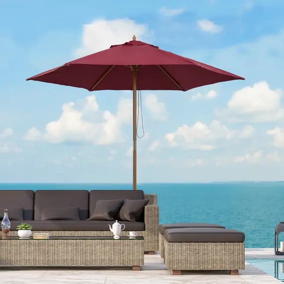 Buy Outsunny 2.5m Wood Garden Parasol Sun Shade Patio Outdoor Wooden Umbrella Canopy Wine Red, 2 image