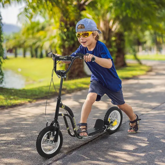Buy HOMCOM Teen Kids Stunt Scooter w/ Adjustable Handlebar, 12 Inch Rubber Tyres, Dual Brakes, Black, 2 image
