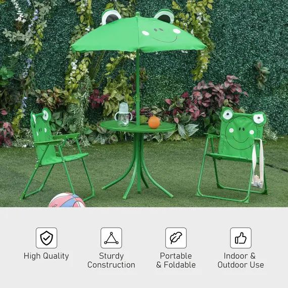 Buy Outsunny Kids Folding Picnic Table Chair Set w/ Parasol, Green, 5 image