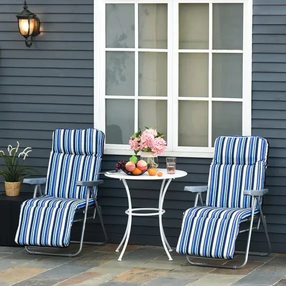 Buy Outsunny Reclining Garden Chair Set of 2, 5-Level Adjustable Zero Gravity Chairs with Cushions, Folding Sun Lounger Garden Recliner Chairs with Armrests for Outdoor, Patio, Blue Stripe, 2 image