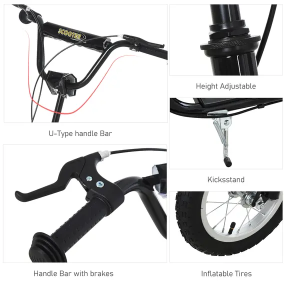 Buy HOMCOM Teen Kids Stunt Scooter w/ Adjustable Handlebar, 12 Inch Rubber Tyres, Dual Brakes, Black, 5 image