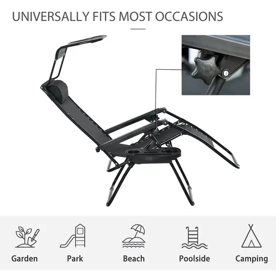 Buy Outsunny Folding Zero Gravity Sun Lounger, with Sun Canopy - Black, 7 image