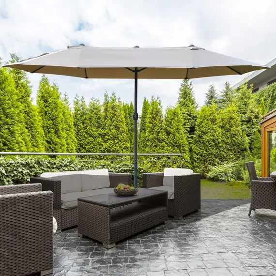Buy 4.6M Sun Umbrella Canopy Double-sided Crank Sun Shade w/ Cross Base Khaki, 2 image