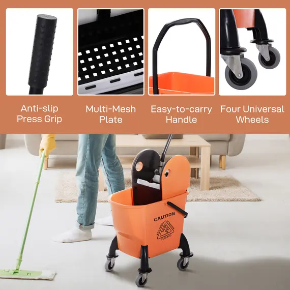 Buy 25L Mop Bucket, with Wringer, Wheels and Handle - Orange, 7 image