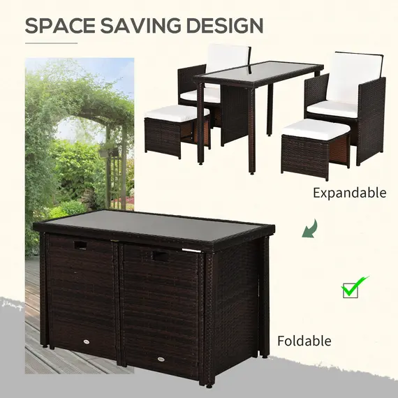 Buy Outsunny 2 Seater Rattan Cube Garden Furniture Set, Rattan Dining Set with Cushions, Outdoor Dining Table and Chairs with 2 Armchairs, 2 Stools, Rectangular Glass Top Table for Patio, Balcony, Brown, 5 image