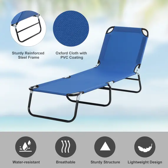 Buy Outsunny Foldable Sun Lounger with 5-Position Adjustable Backrest, Outdoor Portable Recliner Chaise Lounge Chair with Oxford Fabric for Patio, Beach, Garden, Camping, Blue, 5 image