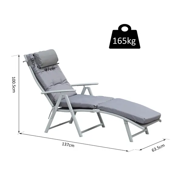 Buy Outsunny Steel Frame Outdoor Garden Padded Sun Lounger w/ Pillow Grey, 2 image