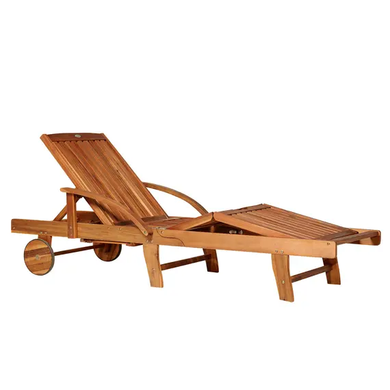 Buy Outsunny Folding Wooden Sun Lounger, 4-Level Adjustable Garden Lounger Recliner with Side Tray and Wheels, Outdoor Reclining Sunbed with Slatted Seat and Armrests for Patio, Terrace, Teak
