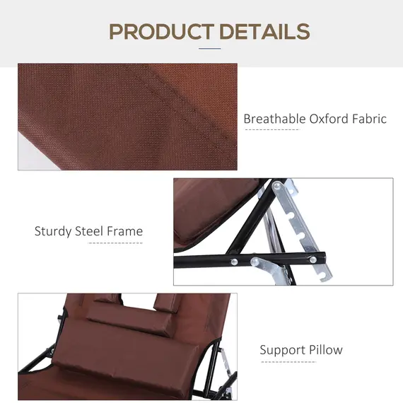 Buy Outsunny Folding Sun Lounger with Face Hole, 4-Position Adjustable Backrest Garden Recliner Chair Sunbed, Outdoor Lounge Chair with 600 D Oxford Cloth Seat, Pillow for Beach, Brown, 6 image
