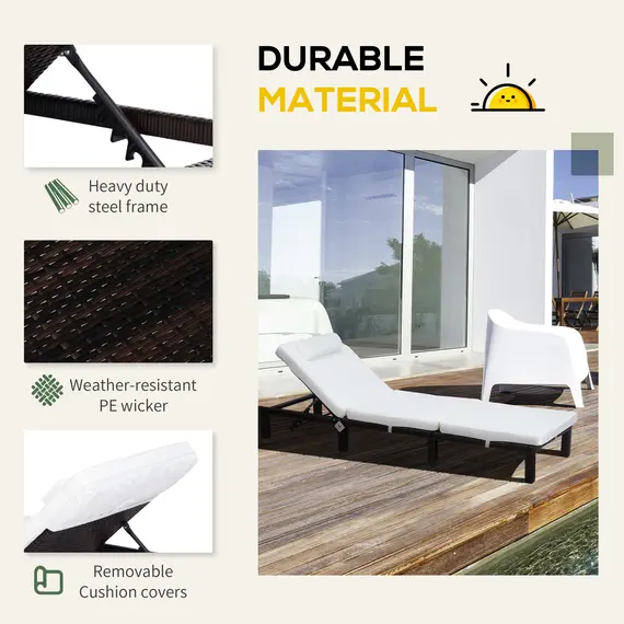 Buy Outsunny Rattan Sun Lounger, 5-Level Adjustable Garden Lounger Recliner with Cushion and Headrest, Outdoor Reclining Sunbed, Steel Frame Garden Chair for Patio, Beach, Terrace, Cream White, 5 image