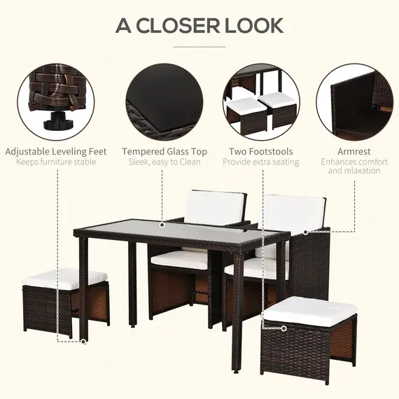 Buy Outsunny 2 Seater Rattan Cube Garden Furniture Set, Rattan Dining Set with Cushions, Outdoor Dining Table and Chairs with 2 Armchairs, 2 Stools, Rectangular Glass Top Table for Patio, Balcony, Brown, 6 image