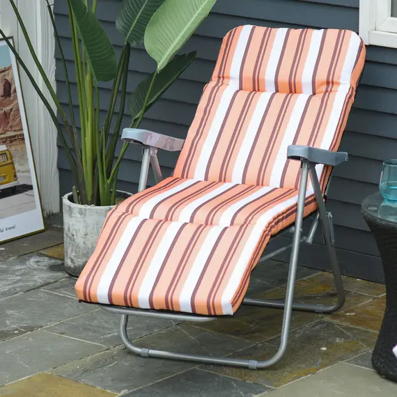 Buy Outsunny Reclining Garden Chair Set of 2, 5-Level Adjustable Zero Gravity Chairs with Cushions, Folding Sun Lounger Garden Recliner Chairs with Armrests for Outdoor, Patio, Orange Stripe, 8 image