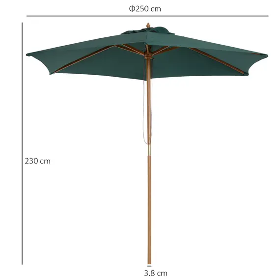 Buy Outsunny 2.5m Wood Garden Parasol Sun Shade Patio Outdoor Wooden Umbrella Canopy Green, 4 image
