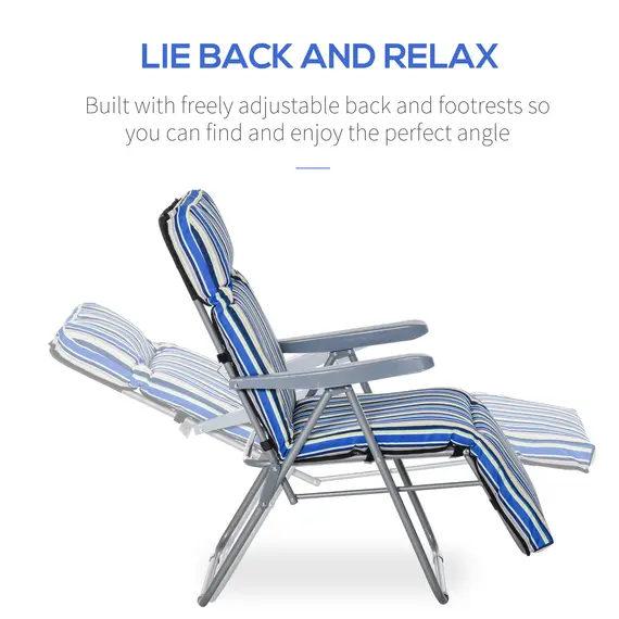 Buy Outsunny Reclining Garden Chair Set of 2, 5-Level Adjustable Zero Gravity Chairs with Cushions, Folding Sun Lounger Garden Recliner Chairs with Armrests for Outdoor, Patio, Blue Stripe, 6 image