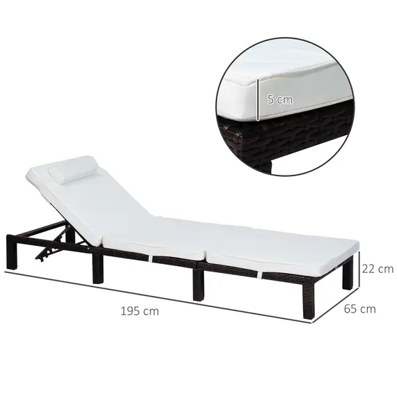 Buy Outsunny Rattan Sun Lounger, 5-Level Adjustable Garden Lounger Recliner with Cushion and Headrest, Outdoor Reclining Sunbed, Steel Frame Garden Chair for Patio, Beach, Terrace, Cream White, 3 image
