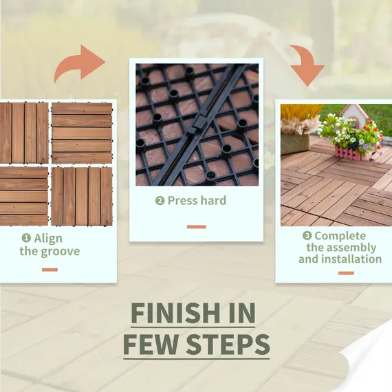 Buy Outsunny 27 Pcs Solid Wood Interlocking Decking Tiles For Patio, Balcony, Roof Terrace, Hot Tub, Brown, (30 x 30 cm Per Piece), 6 image