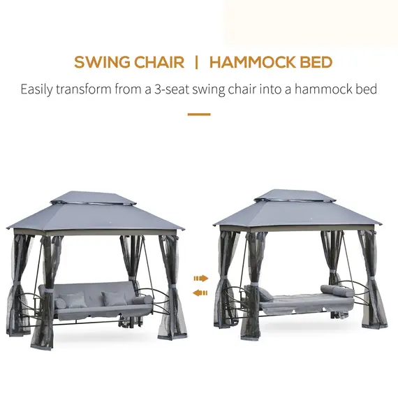 Buy Outsunny 3 Seater Swing Chair 3-in-1 Convertible Garden Swing Seat Bed Gazebo Patio Bench Outdoor with Double Tier Canopy, Cushioned Seat, Mesh Sidewalls, Grey, 5 image