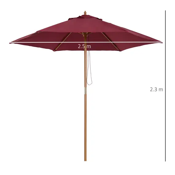 Buy Outsunny 2.5m Wood Garden Parasol Sun Shade Patio Outdoor Wooden Umbrella Canopy Wine Red, 3 image