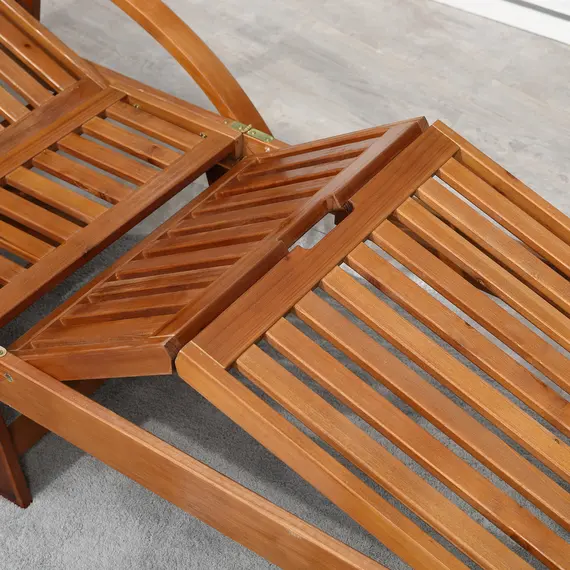 Buy Outsunny Folding Wooden Sun Lounger, 4-Level Adjustable Garden Lounger Recliner with Side Tray and Wheels, Outdoor Reclining Sunbed with Slatted Seat and Armrests for Patio, Terrace, Teak, 9 image