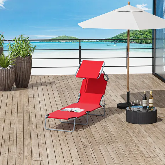 Buy Outsunny Folding Sun Lounger, Lounge Chairs Reclining Sleeping Bed with Adjustable Sun Shade Awning for Beach, Patio, 2 image