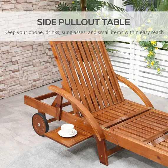 Buy Outsunny Folding Wooden Sun Lounger, 4-Level Adjustable Garden Lounger Recliner with Side Tray and Wheels, Outdoor Reclining Sunbed with Slatted Seat and Armrests for Patio, Terrace, Teak, 6 image