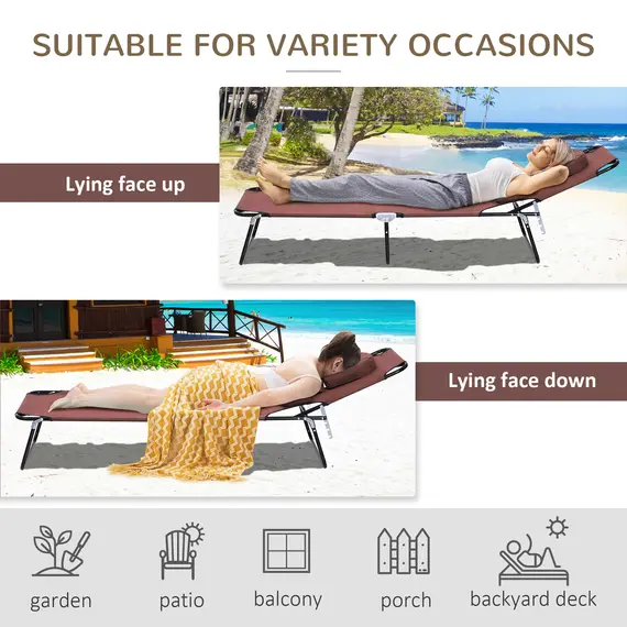 Buy Outsunny Folding Sun Lounger with Face Hole, 4-Position Adjustable Backrest Garden Recliner Chair Sunbed, Outdoor Lounge Chair with 600 D Oxford Cloth Seat, Pillow for Beach, Brown, 5 image