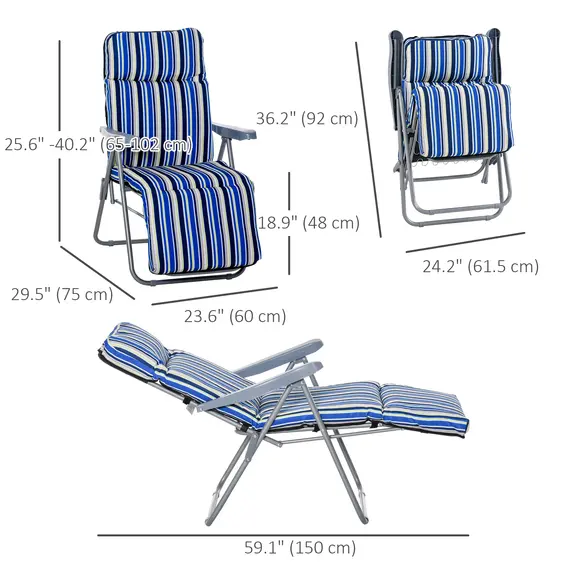 Buy Outsunny Reclining Garden Chair Set of 2, 5-Level Adjustable Zero Gravity Chairs with Cushions, Folding Sun Lounger Garden Recliner Chairs with Armrests for Outdoor, Patio, Blue Stripe, 3 image