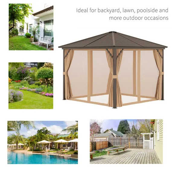 Buy Outsunny 3 x 3(m) Metal Hardtop Gazebo, with Curtains and Accessories - Brown, 6 image