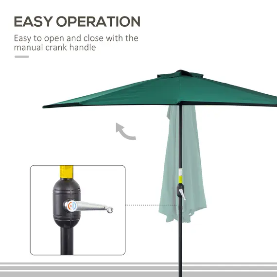Buy Outsunny 2.7m Garden Half Parasol, Outdoor Balcony Umbrella with 5 Steel Ribs, Patio Sun Shade, Green, 5 image