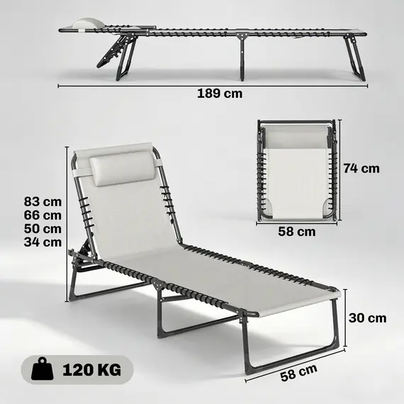Buy Outsunny Foldable Sun Lounger, Outdoor 4 Level Adjustable Backrest Reclining Chaise Chair, Steel Frame Recliner Chair for Camping, Hiking, Cream White, 3 image