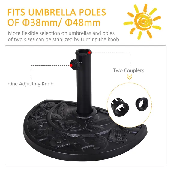 Buy Outsunny 9kg Resin Parasol Base, Half Round Umbrella Stand with Floral Design for Garden, Outdoor, Suitable Umbrella Rod: Φ3.8cm, Φ4.8cm, Black, 6 image
