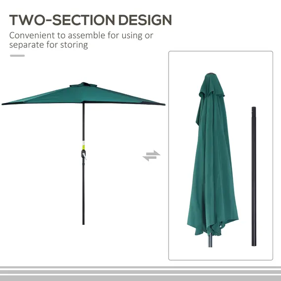 Buy Outsunny 2.7m Garden Half Parasol, Outdoor Balcony Umbrella with 5 Steel Ribs, Patio Sun Shade, Green, 4 image