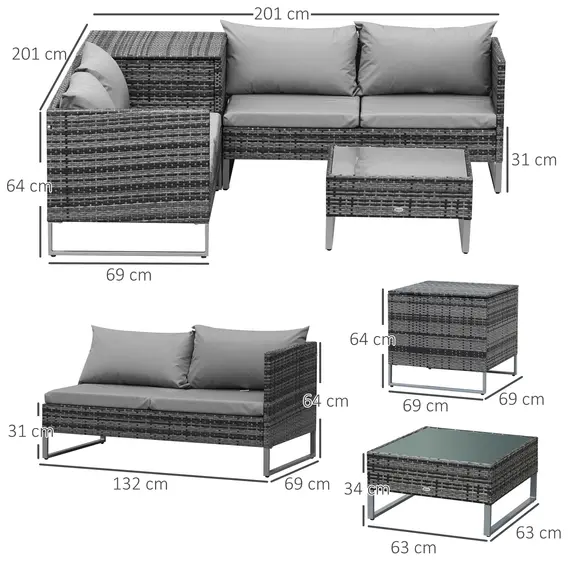 Buy 4pc Garden Rattan Wicker Outdoor Furniture Patio Corner Sofa Love Seat and Table Set  with Cushions Side Desk Storage, Mixed Grey, 3 image