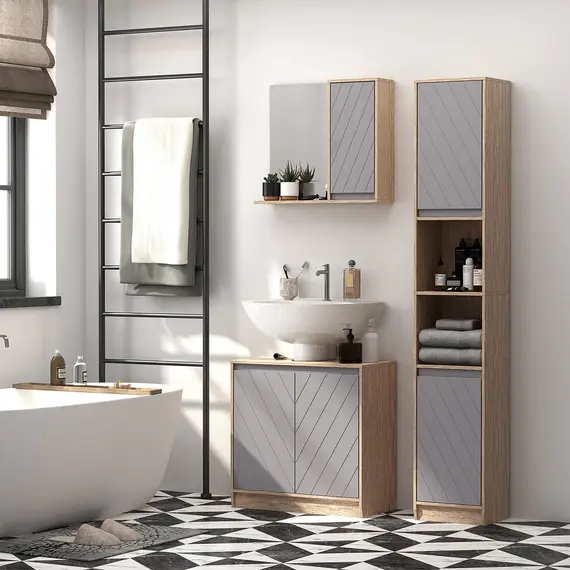 Buy Under Sink Storage Cabinet Floor Standing Cupboard w/ Adjustable Shelf Bathroom Cabinet 2 Doors Versatile Style Grey, 2 image