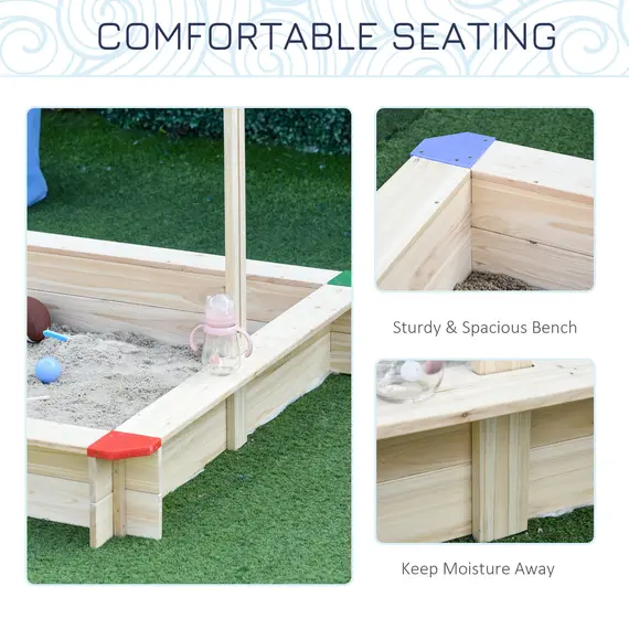 Buy Sandpit, Kids Wooden Sandbox with Adjustable Canopy, Bench Seats & Protective Corners for 3-6 Years Boys Girls, 120x120x120cm, 3 image